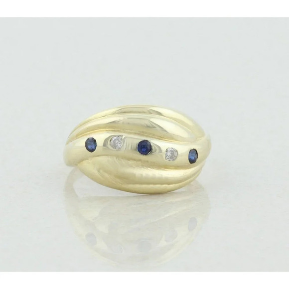 Jewelry - 14k Yellow Gold Natural Blue Sapphire and Diamond Dome Ring Size 10 3/4